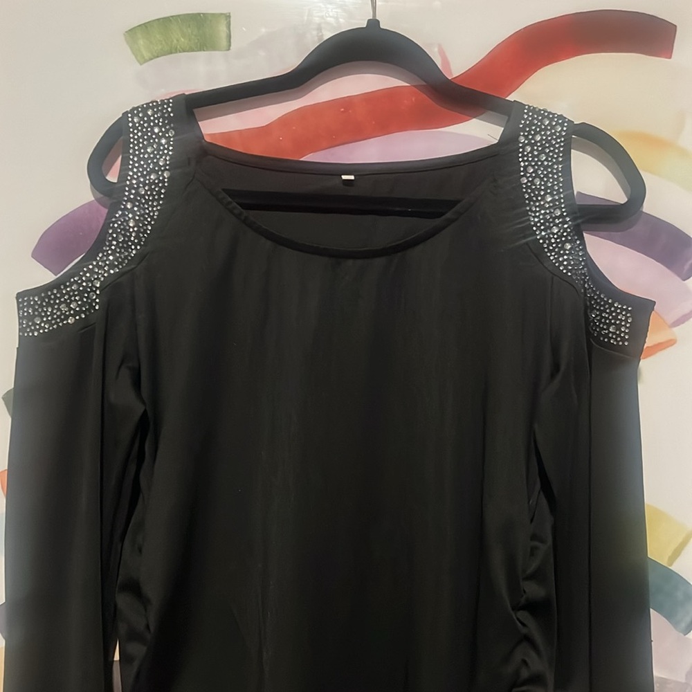 Cold Shoulder Rhinestone Midi Bodycon Dress! Ruched sides. Silver Studded - Picture 4 of 8